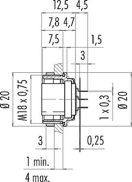 比例图 M16 孔头法兰座, 极数: 7 (07-a), 非屏蔽, THT, IP67, M18x0,75, 後壁安裝