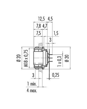 比例图 M16 孔头法兰座, 极数: 8 (08-a), 非屏蔽, THT, IP68, M18x0,75, 後壁安裝