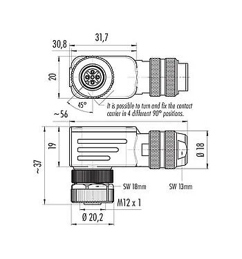 Scale drawing M12 Female angled connector, Contacts: 4, 6.0-8.0 mm, shieldable, wire clamp, IP67, with shielding ring