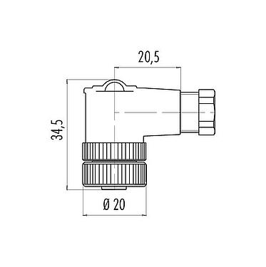 比例图 99 2530 24 03 - M12 弯角孔头电缆连接器, 极数: 2+PE, 4.0-6.0mm, 非屏蔽, 螺钉接线, IP67