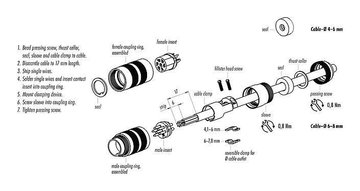Assembly instructions M16 Male cable connector, Contacts: 19 (19-a), 4.1-7.8 mm, shieldable, solder, IP68, UL 2238, Short version