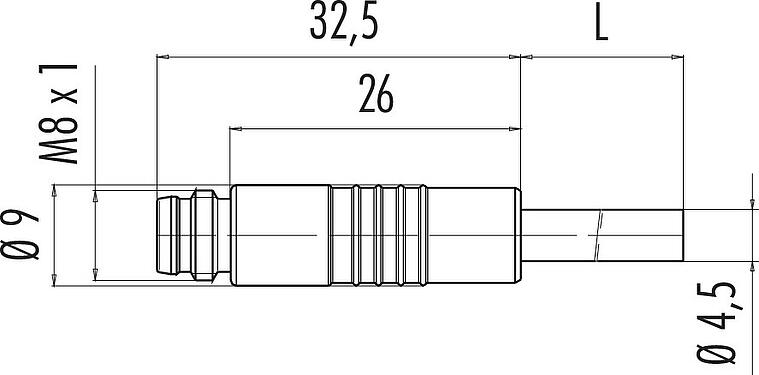 Scale drawing M8 Male cable connector, Contacts: 4, unshielded, moulded on the cable, IP65, PUR, black, 4 x 0.34 mm², Snap-in version, 5 m
