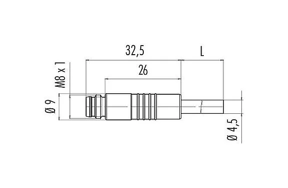 比例图 M8 直头针头电缆连接器, 极数: 4, 非屏蔽, 预铸电缆, IP65, PUR, 黑色, 4x0.34 mm², 插拔式版本, 5m