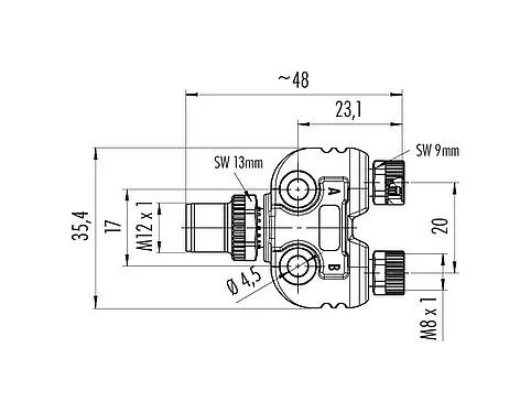 Scale drawing M12/M8 Twin distributors Y-distributor, male connector - 2 female connector, Contacts: 4/3, unshielded, pluggable, IP68, UL 2238, with LED PNP