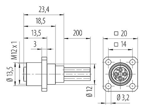 比例图 M12 孔头方型法兰座, 极数: 4, 非屏蔽, 带导线, IP40, UL 2238, M3 (4x), 板前安装