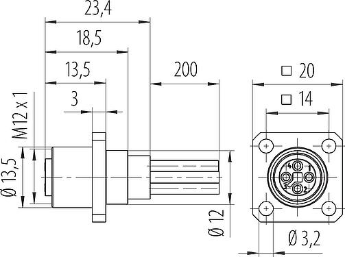 比例图 M12 孔头方型法兰座, 极数: 4, 非屏蔽, 带导线, IP40, UL 2238, M3 (4x), 板前安装, 模压成型