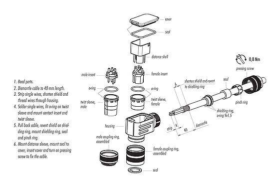 Assembly instructions M16 Male angled connector, Contacts: 14 (14-b), 4.0-6.0 mm, shieldable, solder, IP67, UL 2238