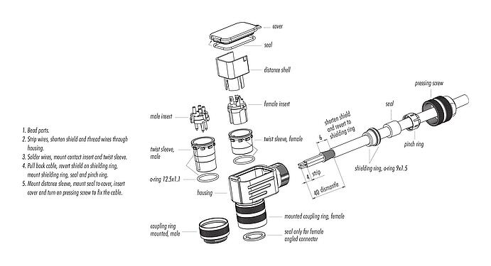 Assembly instructions M16 Female angled connector, Contacts: 19 (19-a), 6.0-8.0 mm, shieldable, solder, IP67, UL 2238