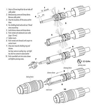 装配说明 Push Pull 直头孔头电缆连接器, 极数: 5, 4.0-8.0mm, 可接屏蔽, 焊接, IP67