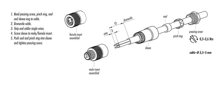 Assembly instructions M8 Male cable connector, Contacts: 4, 3.5-5.0 mm, unshielded, solder, IP67, UL 2238