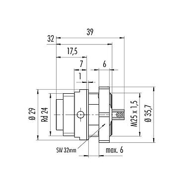Scale drawing RD24 Male panel mount connector, Contacts: 6+PE, unshielded, screw clamp, IP67, UL, ESTI+, VDE, Front mounting
