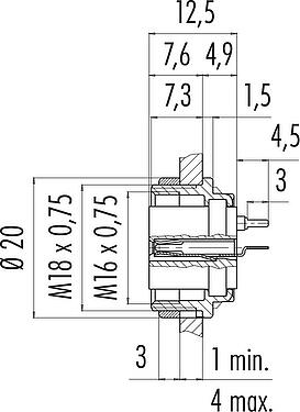 比例图 M16 孔头法兰座, 极数: 2 (02-a), 非屏蔽, THT, IP40, M18x0,75, 後壁安裝