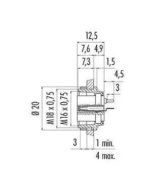 比例图 M16 孔头法兰座, 极数: 3 (03-a), 非屏蔽, THT, IP40, M18x0,75, 後壁安裝
