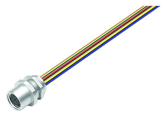 Illustration (may vary) M8 Female panel mount connector, Contacts: 12, unshielded, single wires, IP67, UL 2238, M10x0.75, Rear mounting, potted