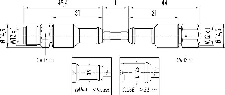 Scale drawing M12 Connecting cable male cable connector - female cable connector, Contacts: 8, unshielded, moulded on the cable, IP67/IP69K, Ecolab, FDA compliant, Special TPE, grey, 8 x 0.25 mm², Food & Beverage, stainless steel, 5 m