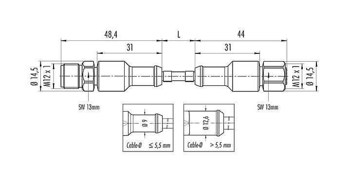 Scale drawing M12 Connecting cable male cable connector - female cable connector, Contacts: 8, unshielded, moulded on the cable, IP67/IP69K, UL 2238, Ecolab, PVC, grey, 8 x 0.25 mm², Food & Beverage, stainless steel, 2 m