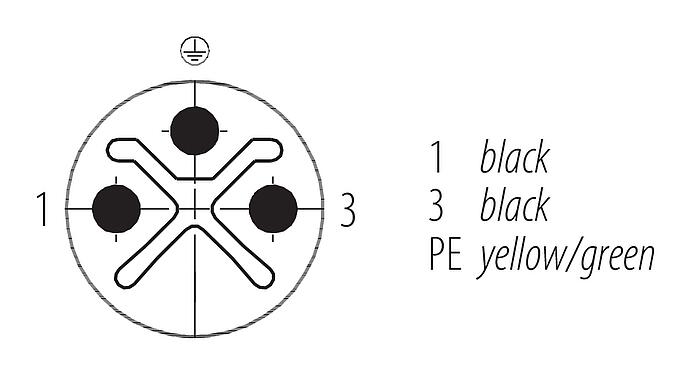 联系安排 (外掛程式側) M12 直头针头电缆连接器, 极数: 2+PE, 非屏蔽, 预铸电缆, IP68, UL 2238, PUR, 黑色, 3x1.50mm², 2m