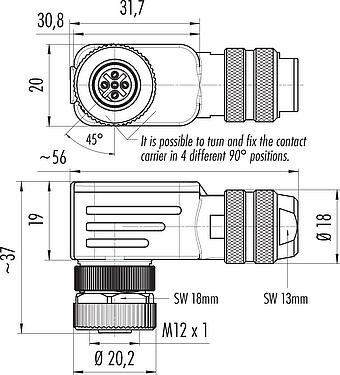 Scale drawing M12 Female angled connector, Contacts: 5, 6.5-8.5 mm, shieldable, wire clamp, IP67, with shielding ring