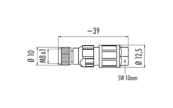 比例图 M8 直头孔头电缆连接器, 极数: 3, 2.5-5.0mm, 非屏蔽, IDC, IP67, UL