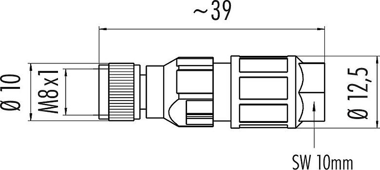 Scale drawing M8 Female cable connector, Contacts: 3, 2.5-5.0 mm, unshielded, IDC, IP67, UL