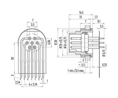 Connection & dimensions M16 Male panel mount connector, Contacts: 7 (07-a), unshielded, THT, IP67, M18x0,75, Rear mounting, potted