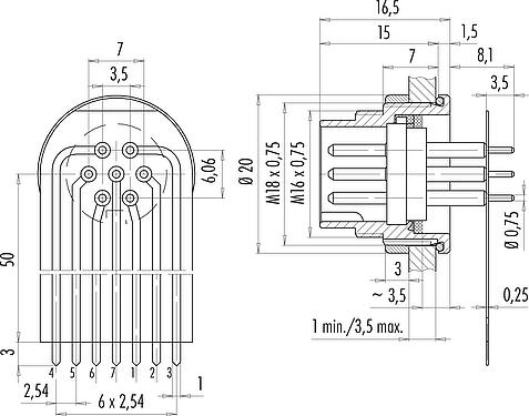 Connection & dimensions M16 Male panel mount connector, Contacts: 7 (07-a), unshielded, THT, IP67, M18x0,75, Rear mounting, potted