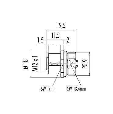 比例图 M12 孔头法兰座, 极数: 4, 非屏蔽, 焊接, IP68, UL 2238, PG 9, 板前安装