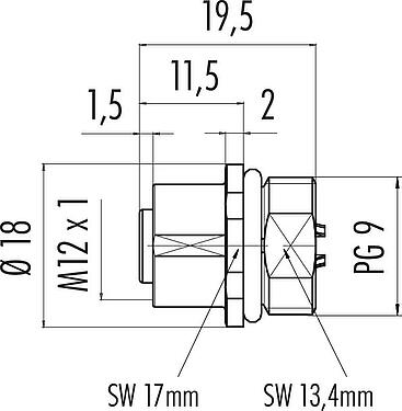 比例图 M12 孔头法兰座, 极数: 5, 非屏蔽, 焊接, IP68, UL 2238, PG 9, 板前安装
