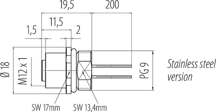 Scale drawing M12 Female panel mount connector, Contacts: 4, unshielded, single wires, IP68, UL 2238, PG 9, Front mounting, stainless steel, potted