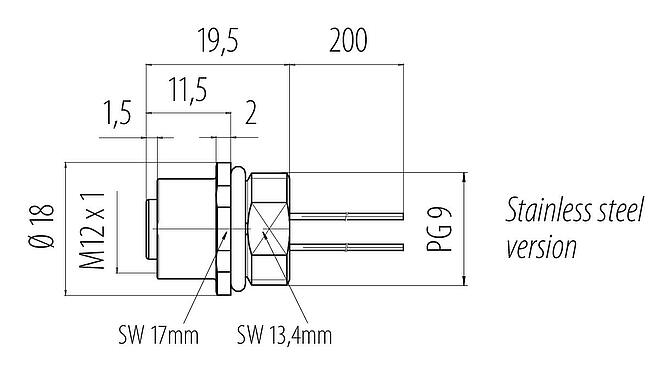Scale drawing M12 Female panel mount connector, Contacts: 4, unshielded, single wires, IP68, UL 2238, PG 9, Front mounting, stainless steel, potted