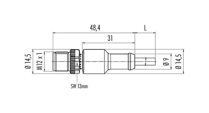 Scale drawing M12 Male cable connector, Contacts: 4, unshielded, moulded on the cable, IP68/IP69K, UL 2238, PUR, black, 4 x 0.34 mm², 5 m