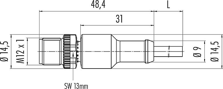 比例图 M12 直头针头电缆连接器, 极数: 5, 非屏蔽, 预铸电缆, IP68/IP69K, UL 2238, PVC, 灰色, 5x0.34mm², 2m