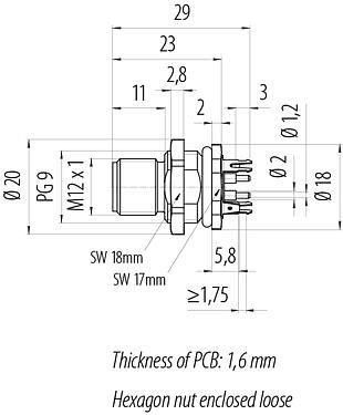 比例图 M12 针头法兰座, 极数: 4, 屏蔽, THT, IP68, UL 2238, PG 9, 後壁安裝, 模压成型