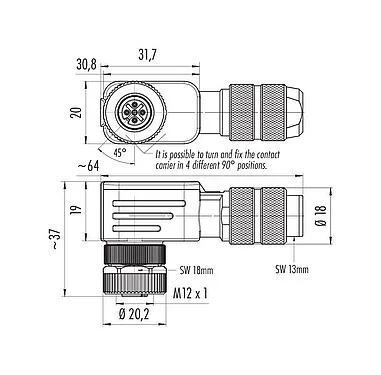 Scale drawing 99 1432 824 04 - M12 Female angled connector, Contacts: 4, 5.0-8.0 mm, shieldable, screw clamp, IP67, UL