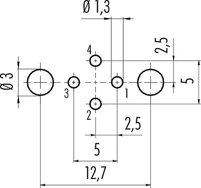 Conductor layout M12 Female panel mount connector, Contacts: 4, shieldable, THT, IP68, UL 2238, PG 9, Rear mounting, potted