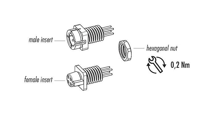 Component part drawing Snap-In Female panel mount connector, Contacts: 5, unshielded, THT, IP40, 1/4" 28 UNF, Front mounting