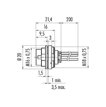 比例图 M16 针头法兰座, 极数: 6 (06-a), 非屏蔽, 带导线, IP40, M18x0,75, 板前安装