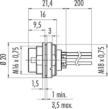 Scale drawing M16 Male panel mount connector, Contacts: 5 (05-a), unshielded, single wires, IP40, M18x0,75, Front mounting