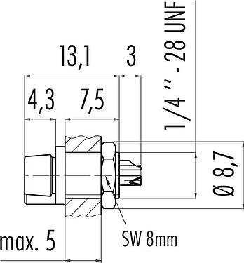 Scale drawing Snap-In Female panel mount connector, Contacts: 3, unshielded, solder, IP40, 1/4" 28 UNF, Front mounting