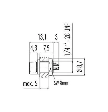 Scale drawing Snap-In Female panel mount connector, Contacts: 3, unshielded, solder, IP40, 1/4" 28 UNF, Front mounting