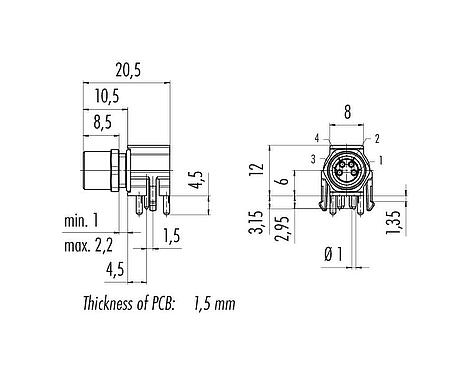 Scale drawing 99 3412 282 03 - M8 Female angled panel mount connector, Contacts: 3, unshielded, THR, IP67, UL