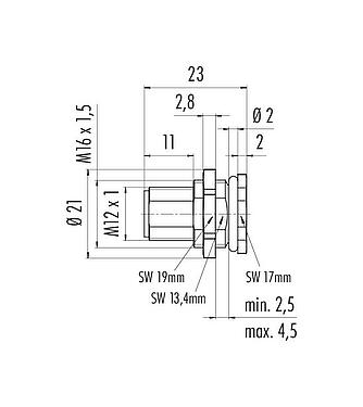比例图 M12 针头法兰座, 极数: 5, 非屏蔽, 焊接, IP68, UL 2238, M16x1.5, 後壁安裝
