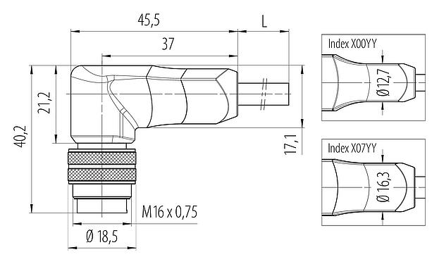 Scale drawing M16 Male angled connector, Contacts: 7 (07-b), shielded, moulded on the cable, IP67, PUR, black, 7 x 0.25 mm², 5 m