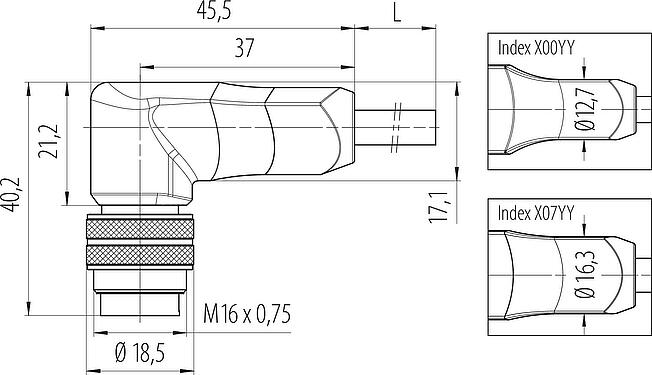 Scale drawing M16 Male angled connector, Contacts: 8, shielded, moulded on the cable, IP67, PUR, black, 8 x 0.25 mm², 2 m