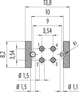 Conductor layout M12 Male panel mount connector, Contacts: 4, shieldable, SMT, IP67