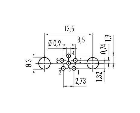 导体结构 M8 孔头法兰座, 极数: 6, 可接屏蔽, THT, IP67, UL 2238, M10x0.75, 後壁安裝, 模压成型