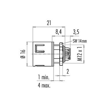 Scale drawing Snap-In Male panel mount connector, Contacts: 12, unshielded, solder, IP67, UL 2238, VDE, M12x1.0, Front mounting