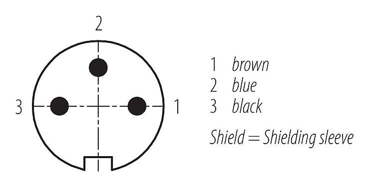 Contact arrangement (Plug-in side) 77 6527 0000 50003-0200 - M16 Male angled connector, Contacts: 3, shielded, moulded on the cable, IP68, PUR, black, 3 x 0.34 mm², 2 m