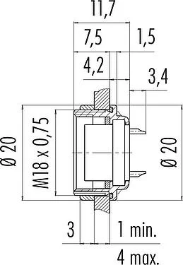 比例图 M16 孔头法兰座, 极数: 14 (14-b), 非屏蔽, 焊接, IP67, UL 2238, M18x0,75, 後壁安裝