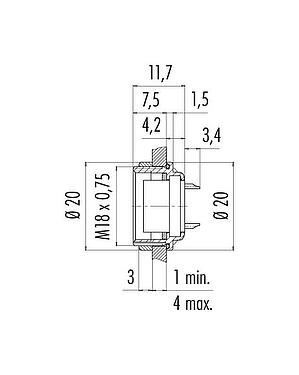 Scale drawing M16 Female panel mount connector, Contacts: 19 (19-a), unshielded, solder, IP67, UL 2238, M18x0,75, Rear mounting